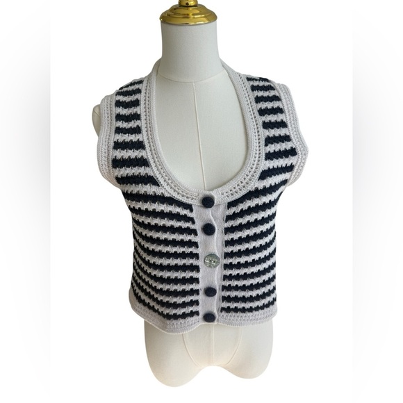 Zara Tops - Zara White and Navy Striped Knit Button Top SZ S